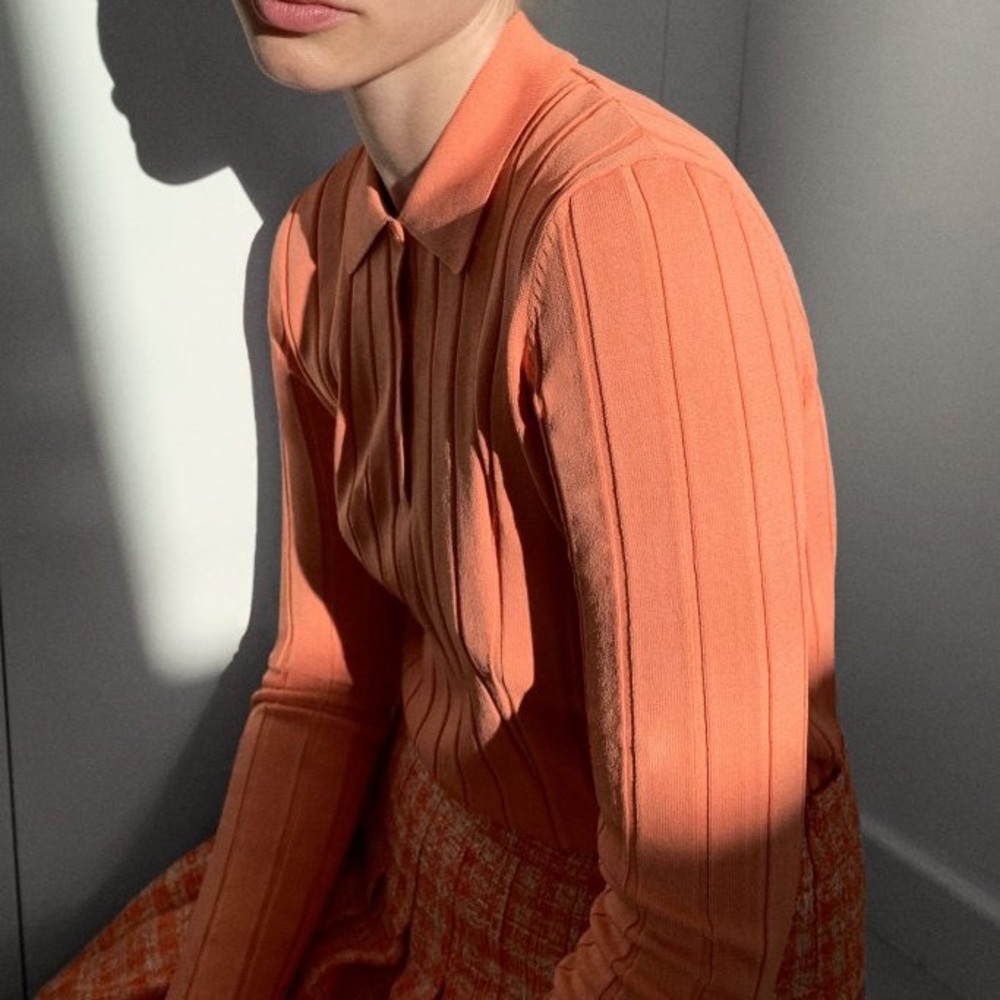 Zara Coral Orange Ribbed V-Neck Sweater